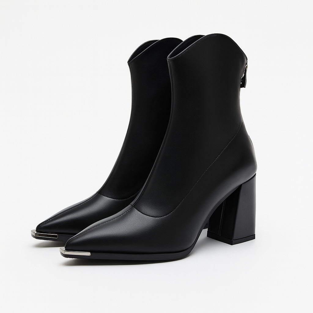 Bottines à Bout Pointu pour Femme avec Talon Haut Carré et Fermeture Éclair Arrière
