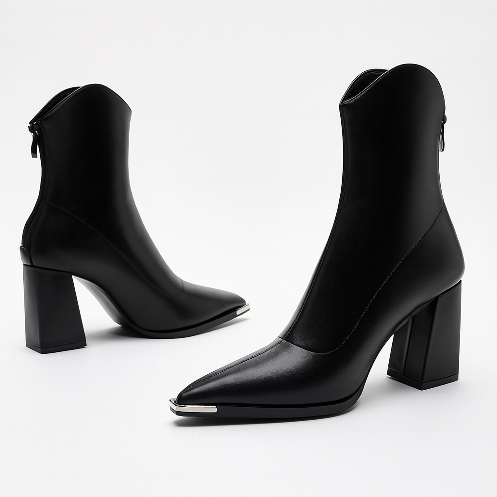 Bottines à Bout Pointu pour Femme avec Talon Haut Carré et Fermeture Éclair Arrière