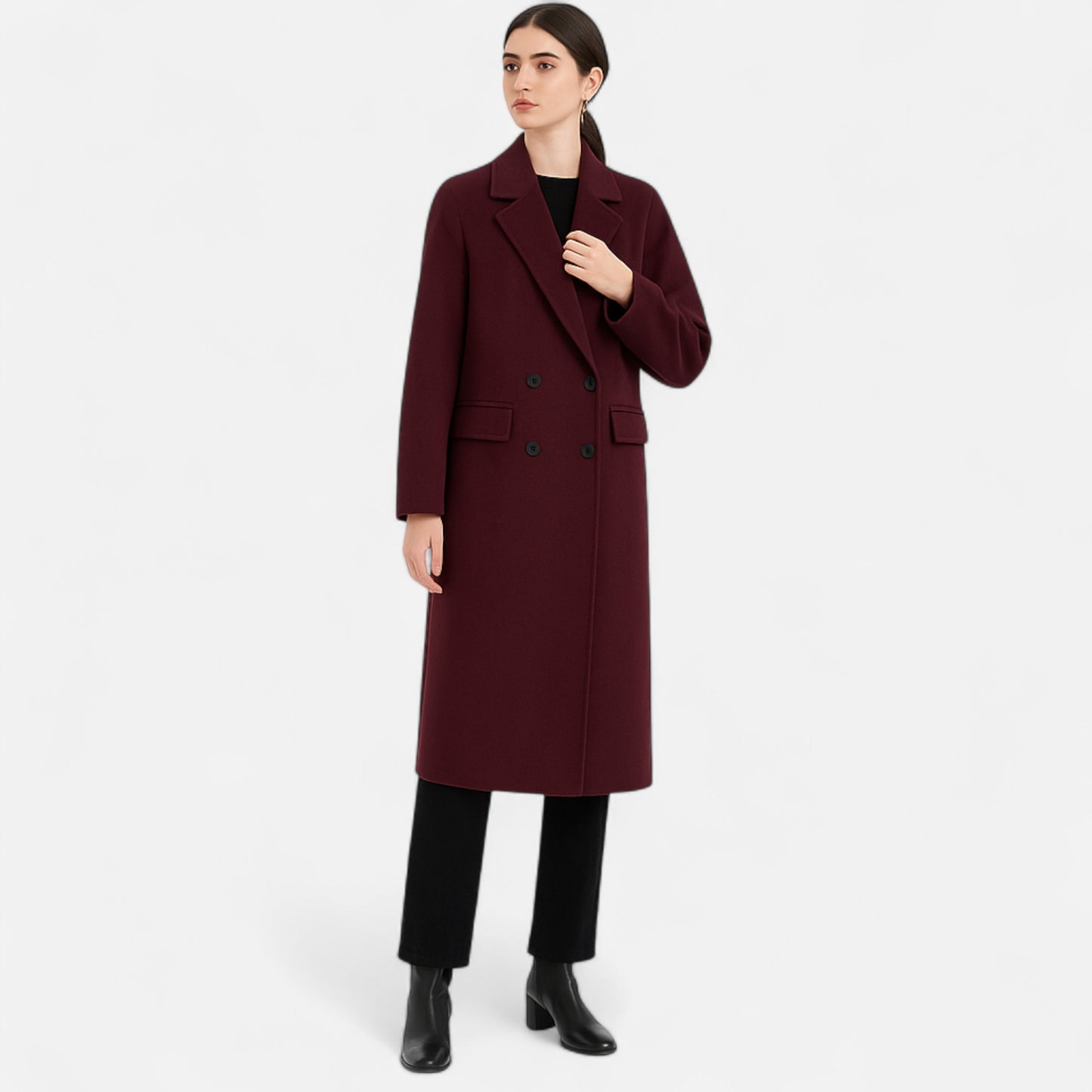 Velclairemode | Manteau Long Femme Laine Bordeaux – Double Boutonnage & Élégance Structurée