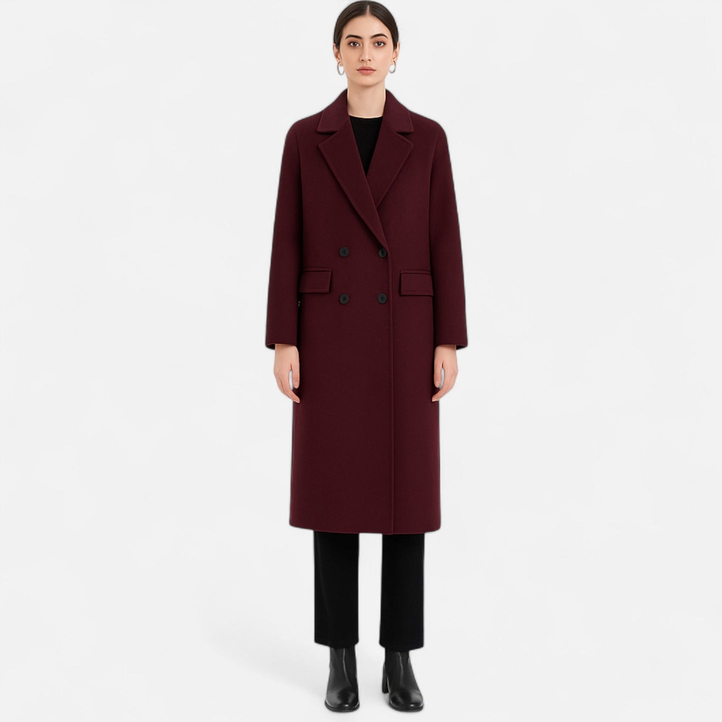 Velclairemode | Manteau Long Femme Laine Bordeaux – Double Boutonnage & Élégance Structurée