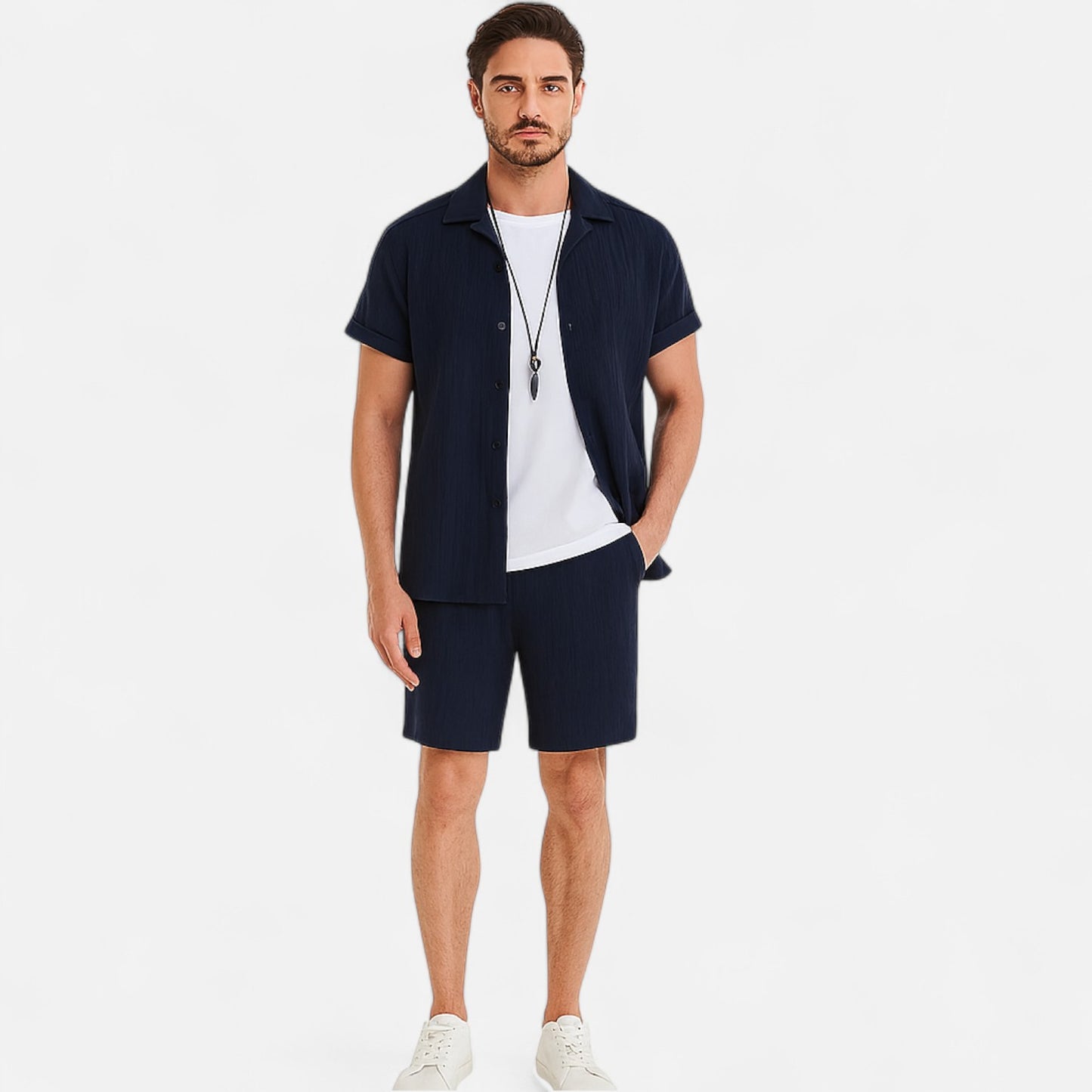 Velclairemode | Ensemble Homme Rayé en Jacquard – Chemise & Short, Élégance Graphique Estivale