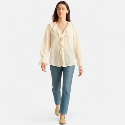 Velclairemode | Blouse Décontractée Femme à Volants Raffinés – Col V Lacé, Élégance Spontanée