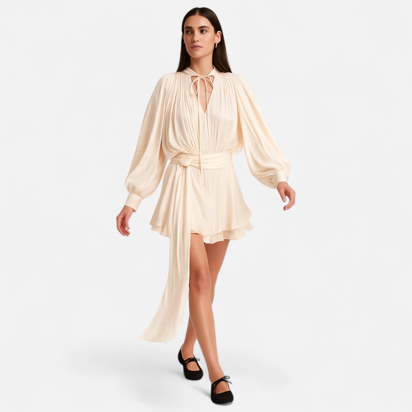 Velclairemode | Robe-Chemise Mini Femme Unie – Col V, Manches Longues, Détail Lacé & Design Structuré