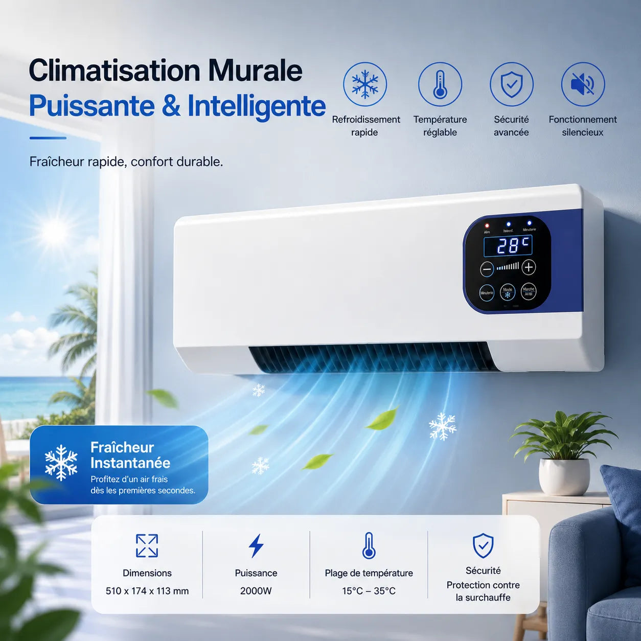 Aparato de pared frío/calor 2000 W con control remoto