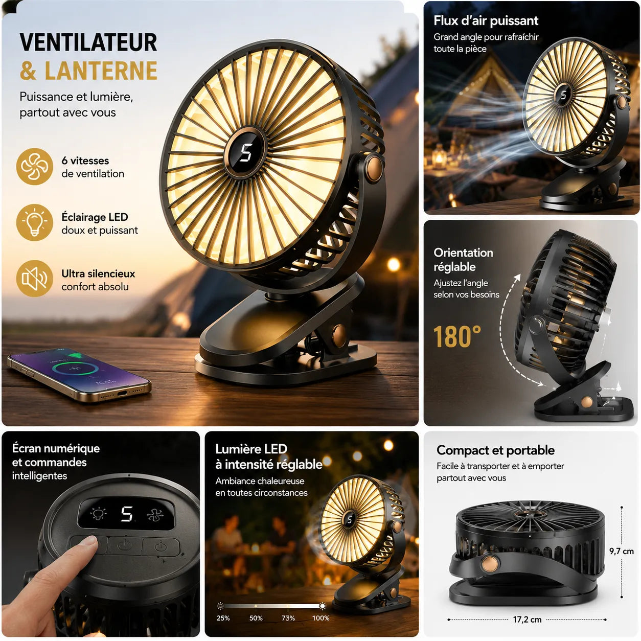 Ventilador portátil recargable con clip de 8000 mAh con LED