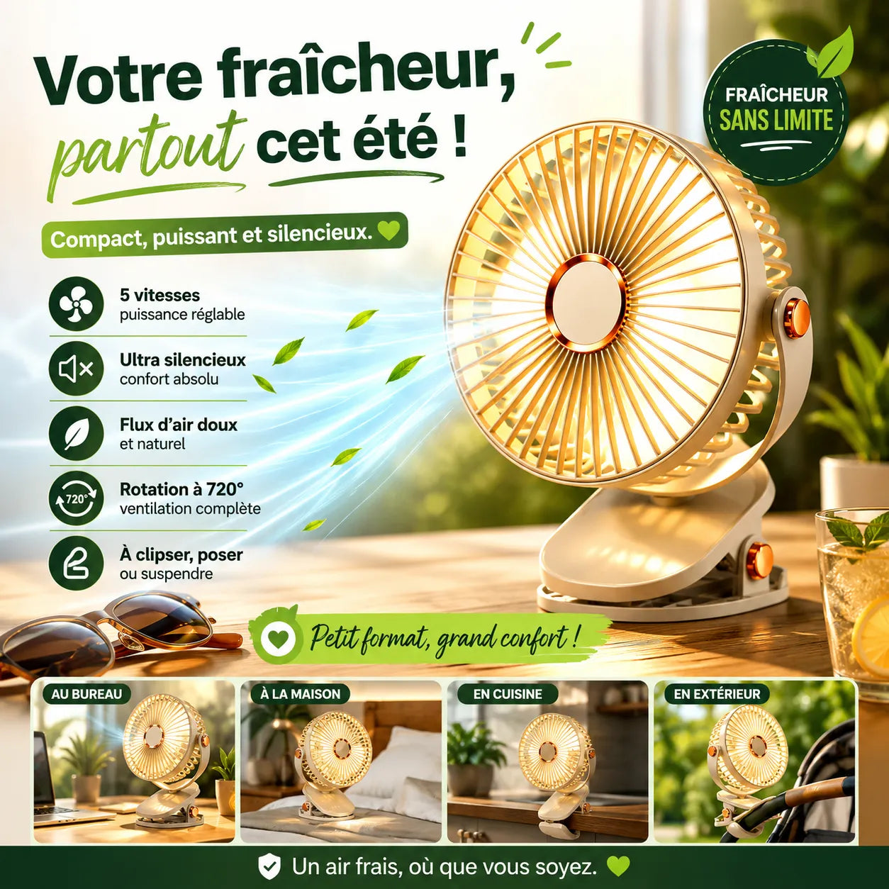 Ventilador portátil recargable con clip de 8000 mAh con LED