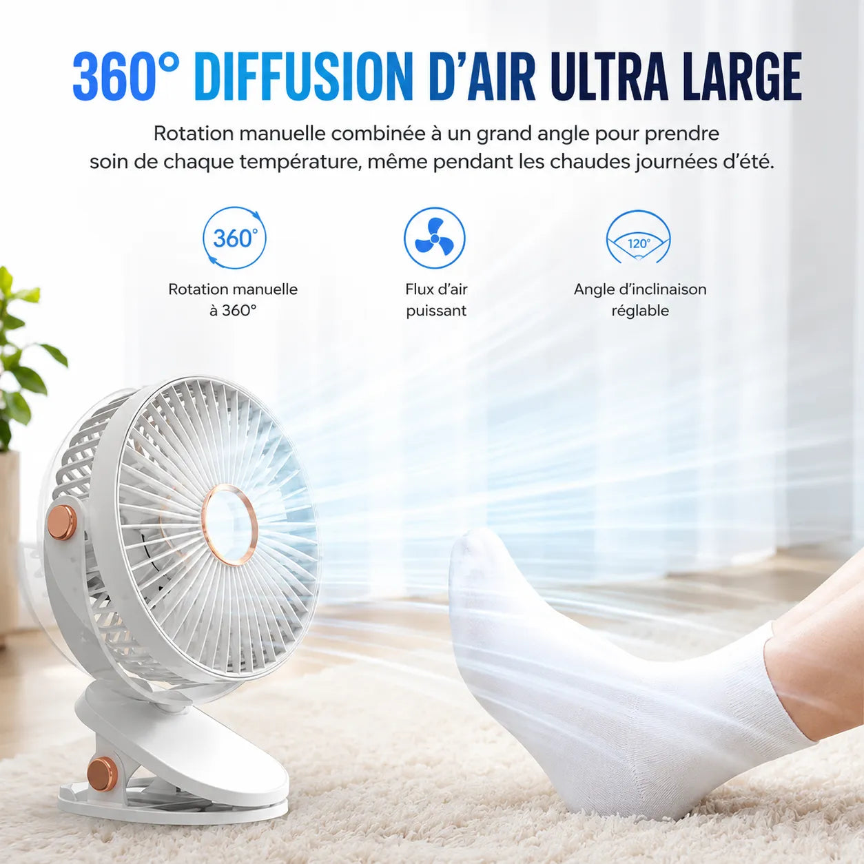 Ventilador portátil recargable con clip de 8000 mAh con LED