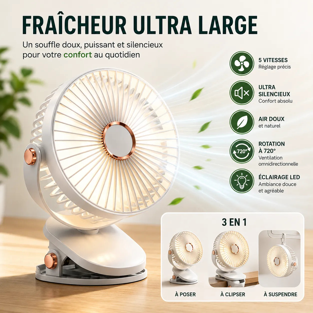 Ventilador portátil recargable con clip de 8000 mAh con LED