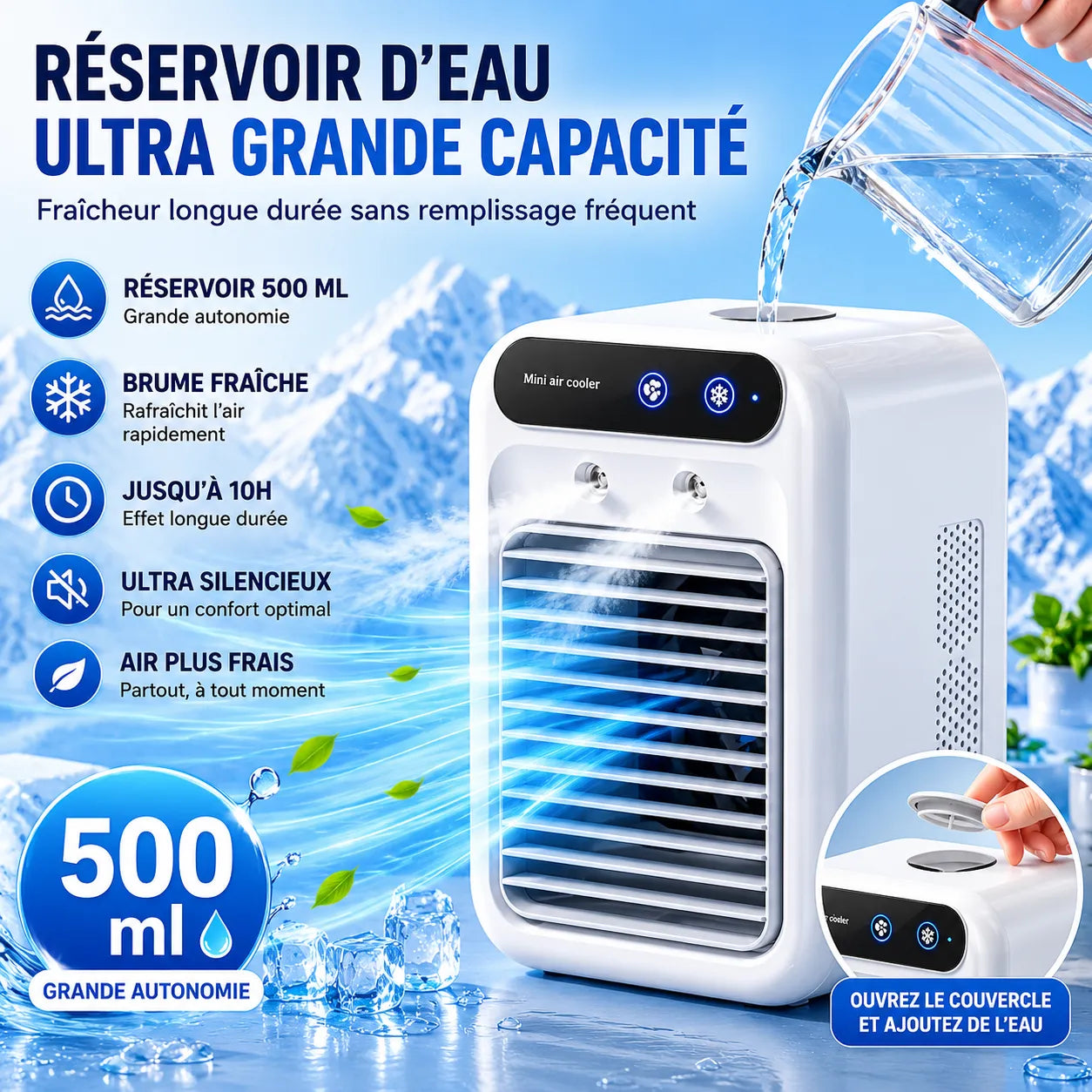 Enfriador de aire portátil 3 en 1 recargable por USB de 500 ml