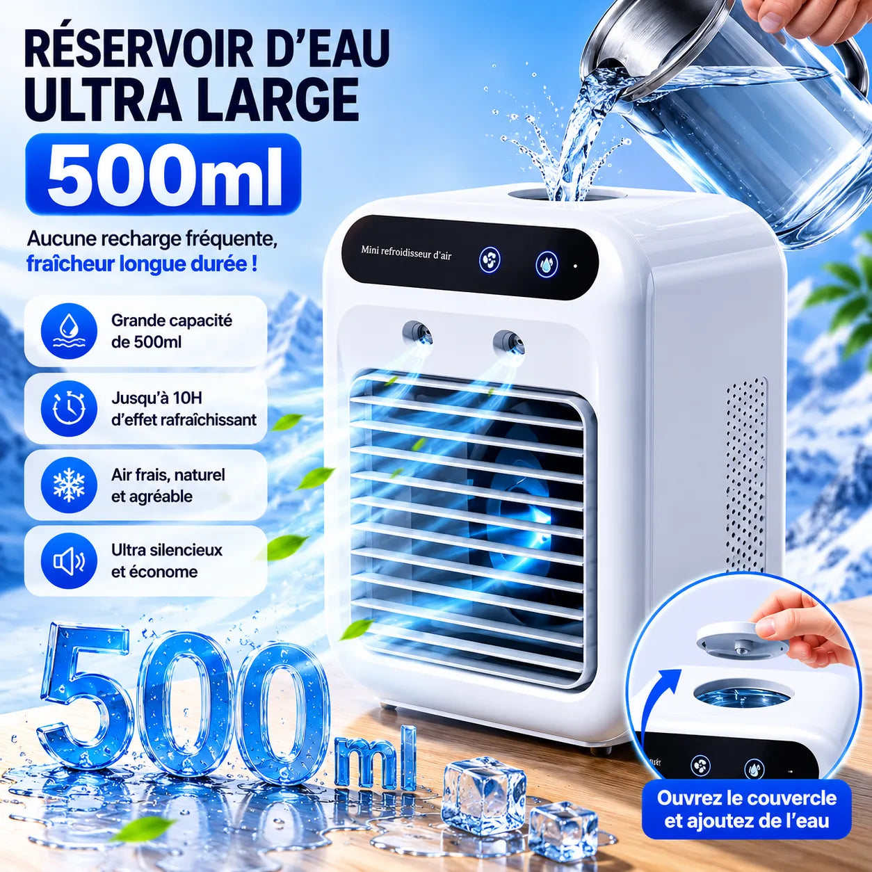Enfriador de aire portátil 3 en 1 recargable por USB de 500 ml