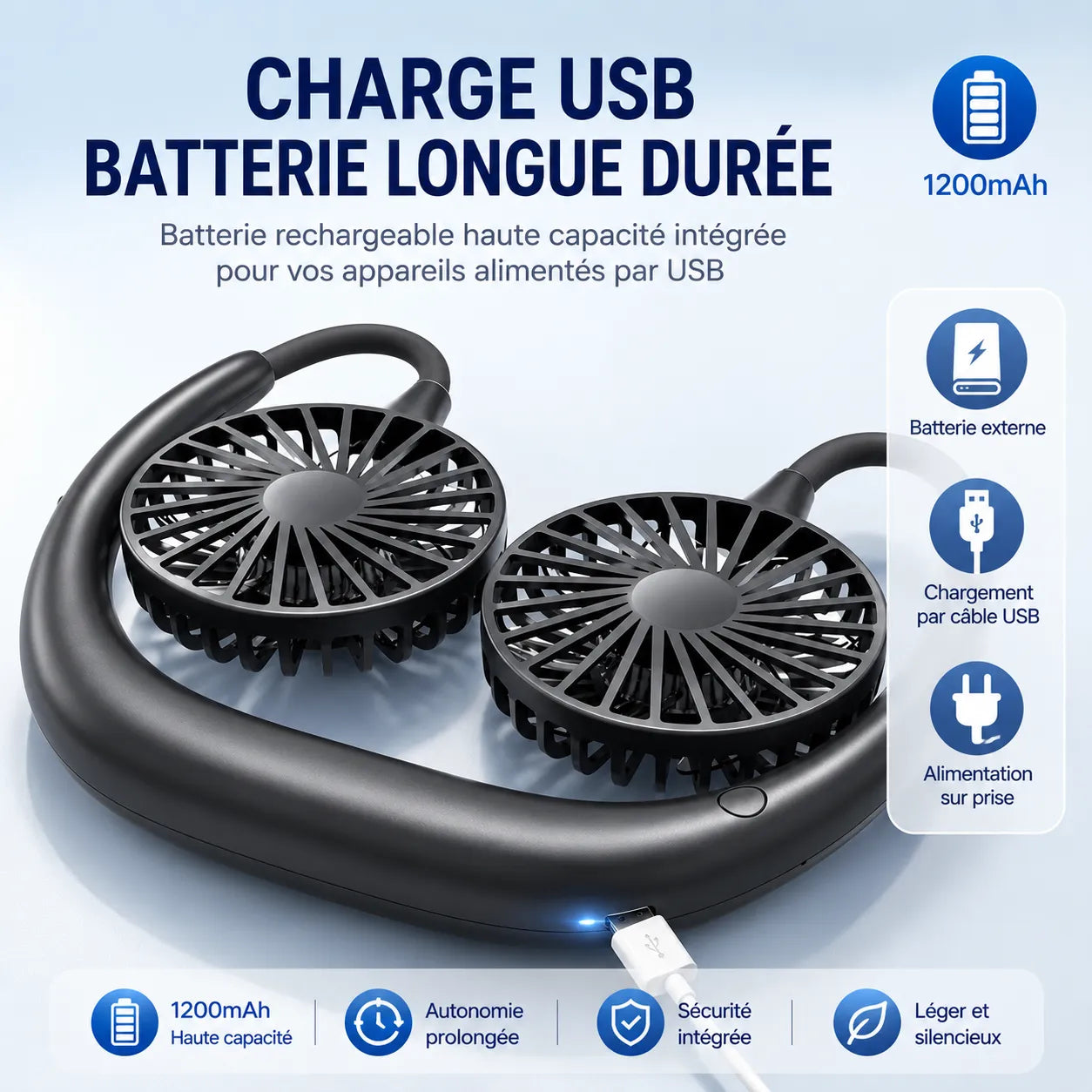 Ventilator de gât portabil reîncărcabil USB cu 3 viteze