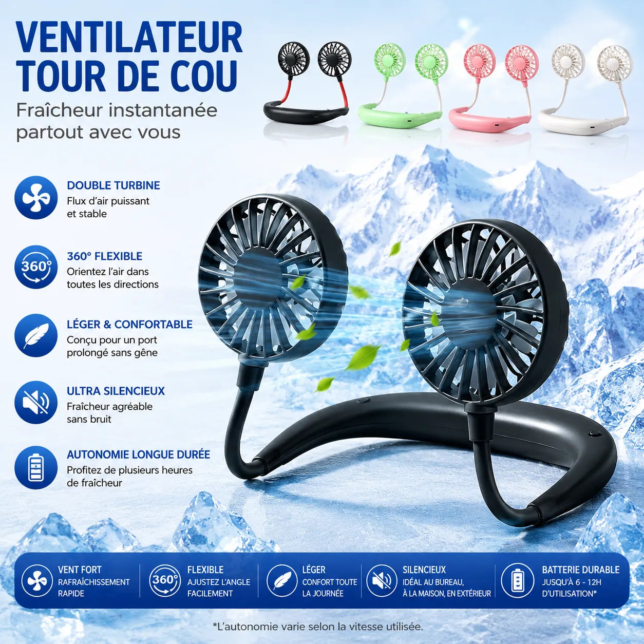Ventilator de gât portabil reîncărcabil USB cu 3 viteze