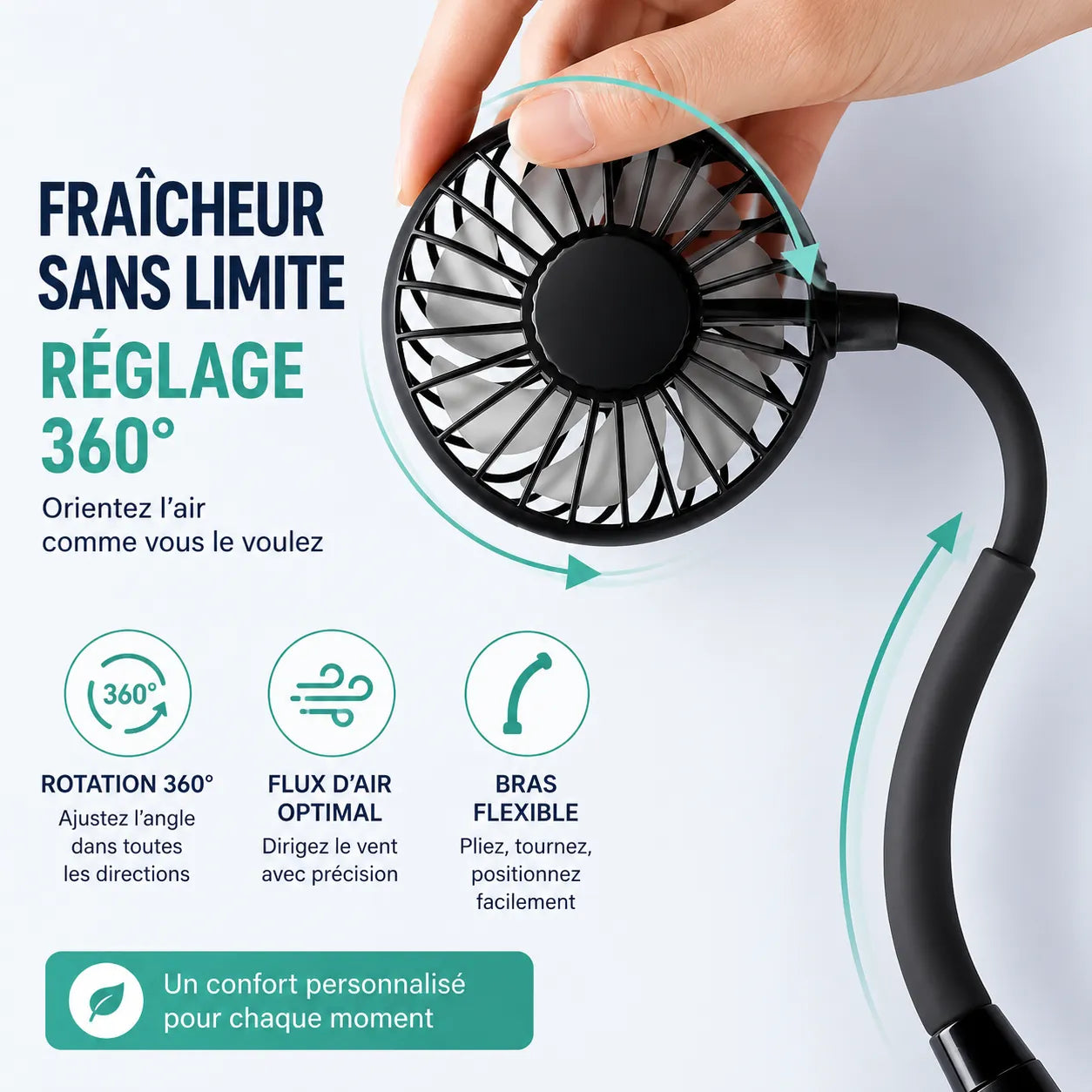 Ventilator de gât portabil reîncărcabil USB cu 3 viteze