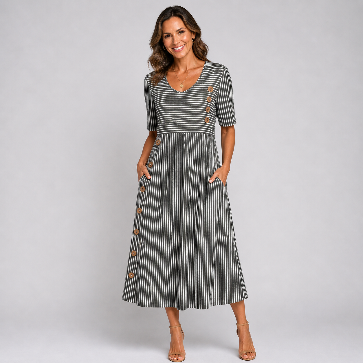 Robe midi para mulheres — mangas 3/4 — saída casual