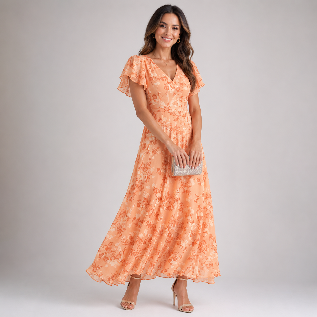 Robe maxi com estampa floral — mangas com babados — roupa para festa