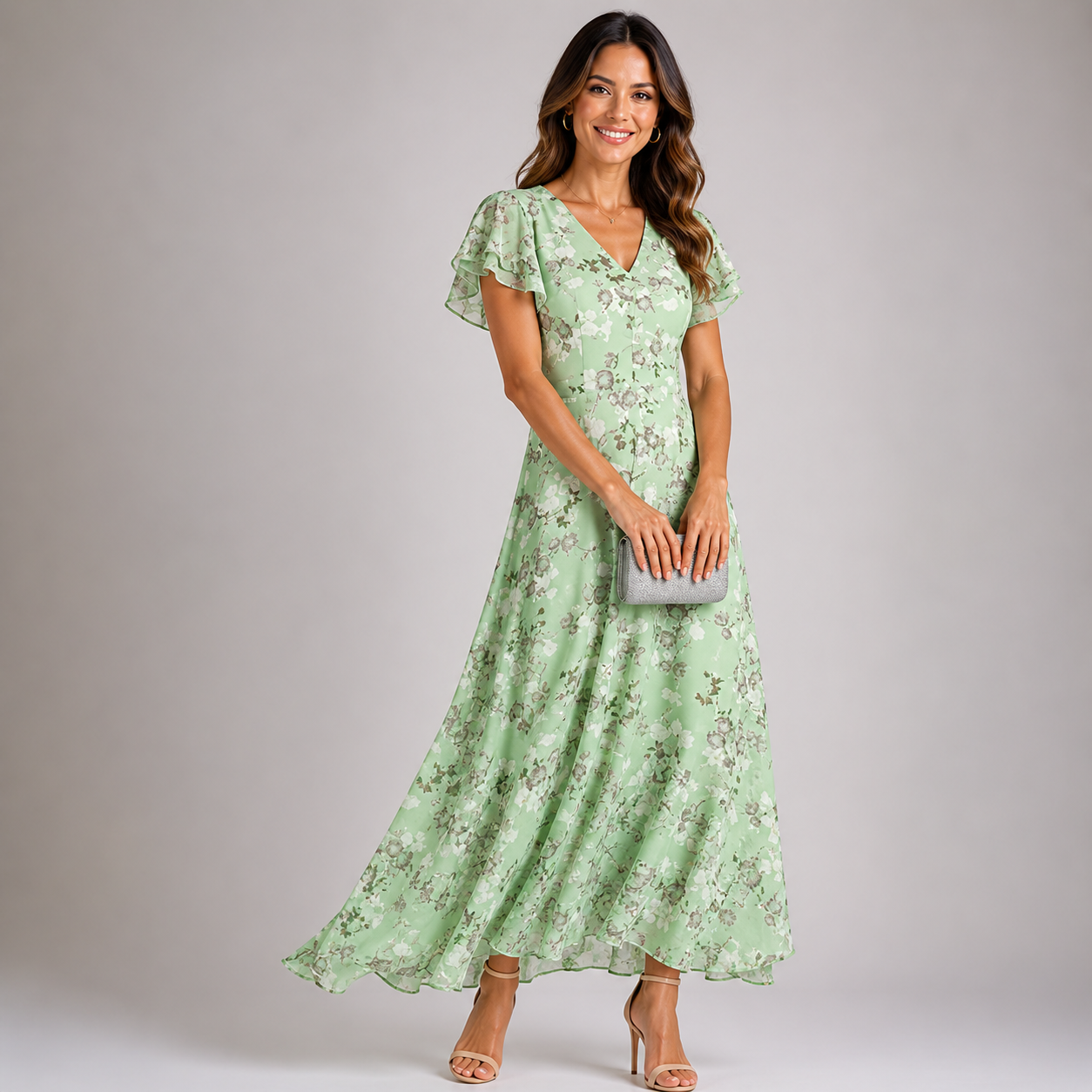 Robe maxi com estampa floral — mangas com babados — roupa para festa