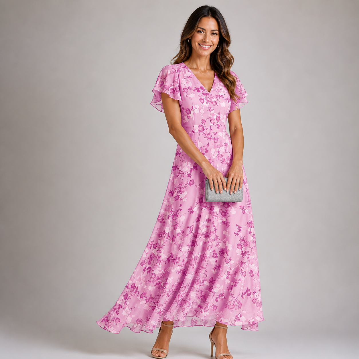 Robe maxi com estampa floral — mangas com babados — roupa para festa
