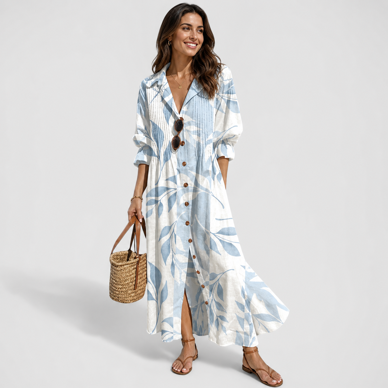 Vestido longo com estampa floral — abotoado na frente — roupa de verão