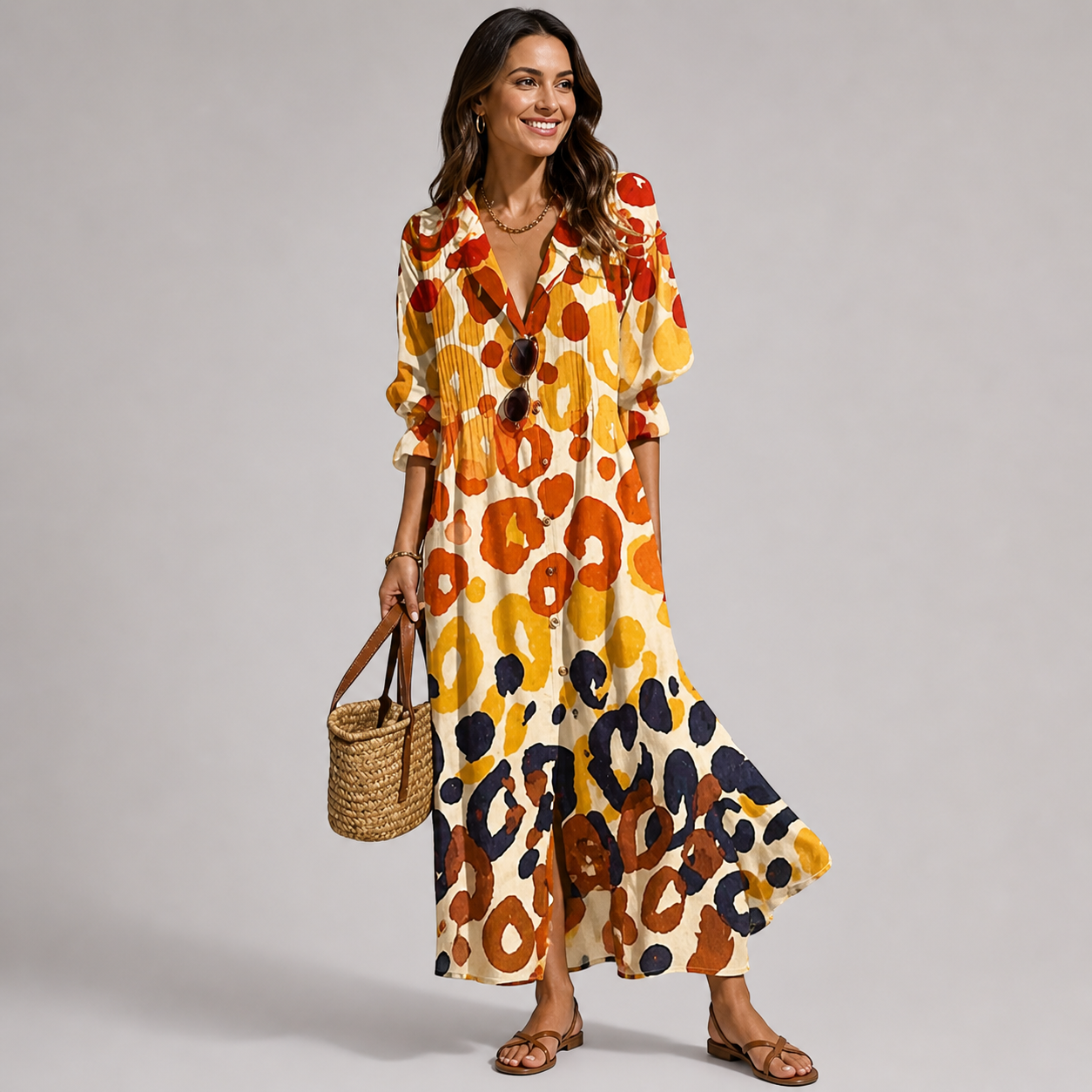 Vestido longo com estampa floral — abotoado na frente — roupa de verão