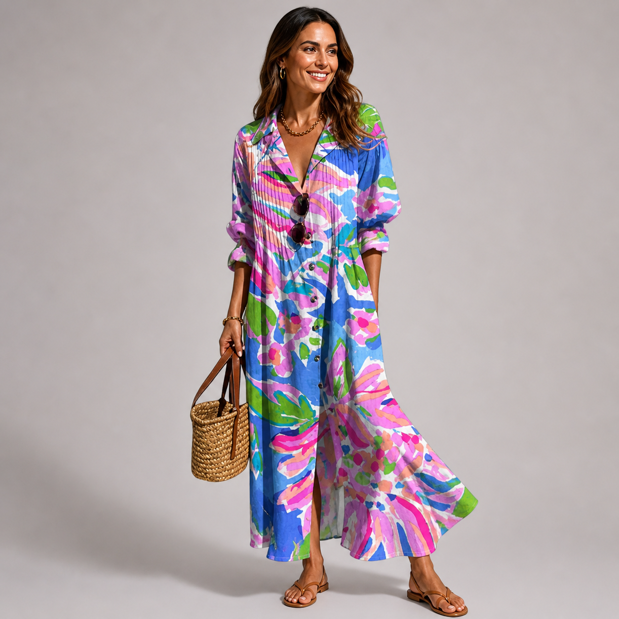 Vestido longo com estampa floral — abotoado na frente — roupa de verão