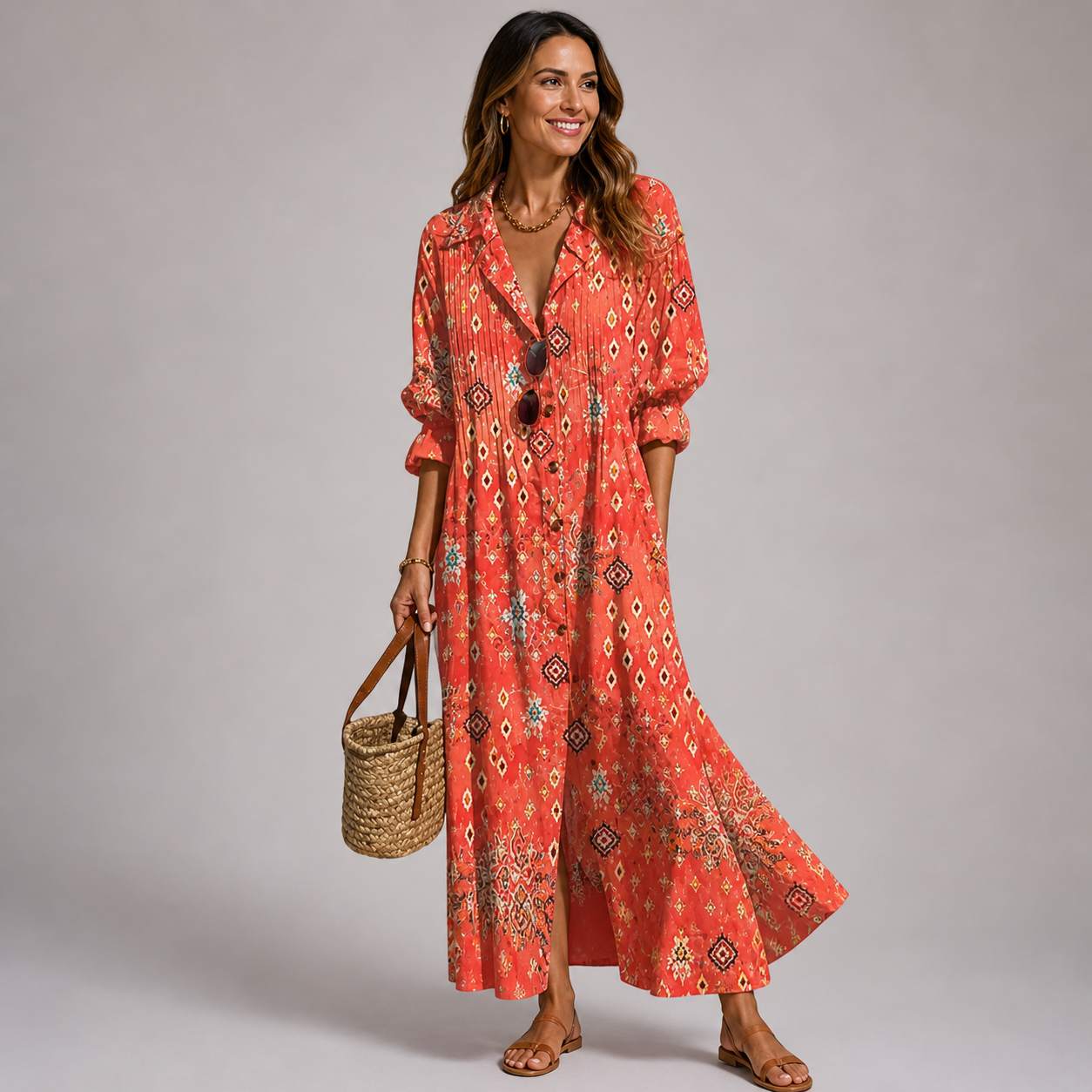 Lang kjole med blomsterprint — knapper foran — sommeroutfit