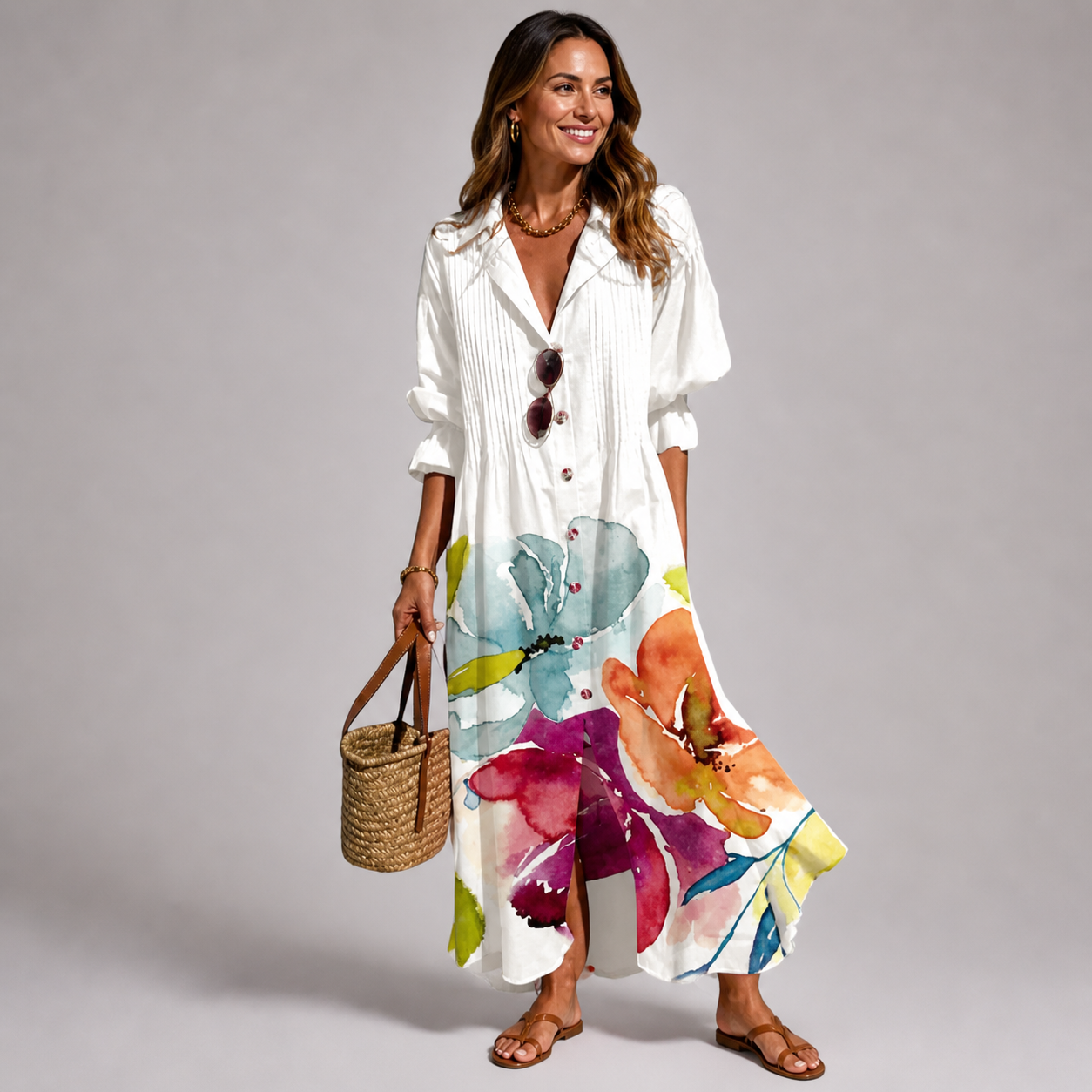Lang kjole med blomsterprint — knapper foran — sommeroutfit