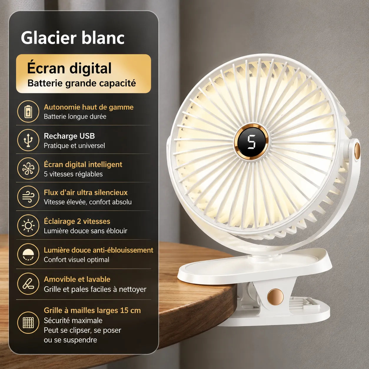Ventilador portátil recargable con clip de 8000 mAh con LED