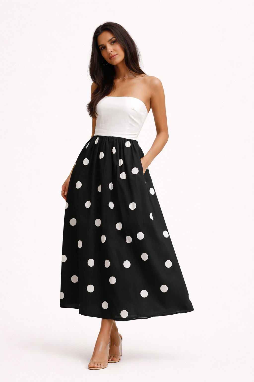 Long Ball Gown with Polka Dots, Fitted Waist, and Bustier Cut