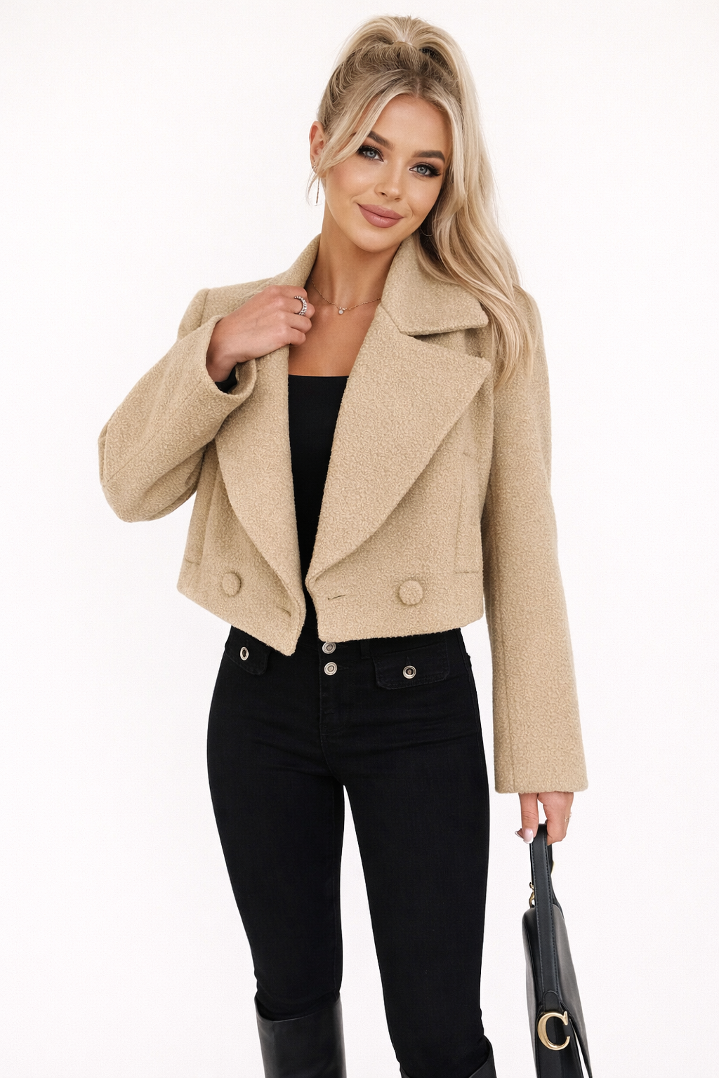 Veste Courte en Maille Bouclée avec Grands Revers et Boutons pour Femme