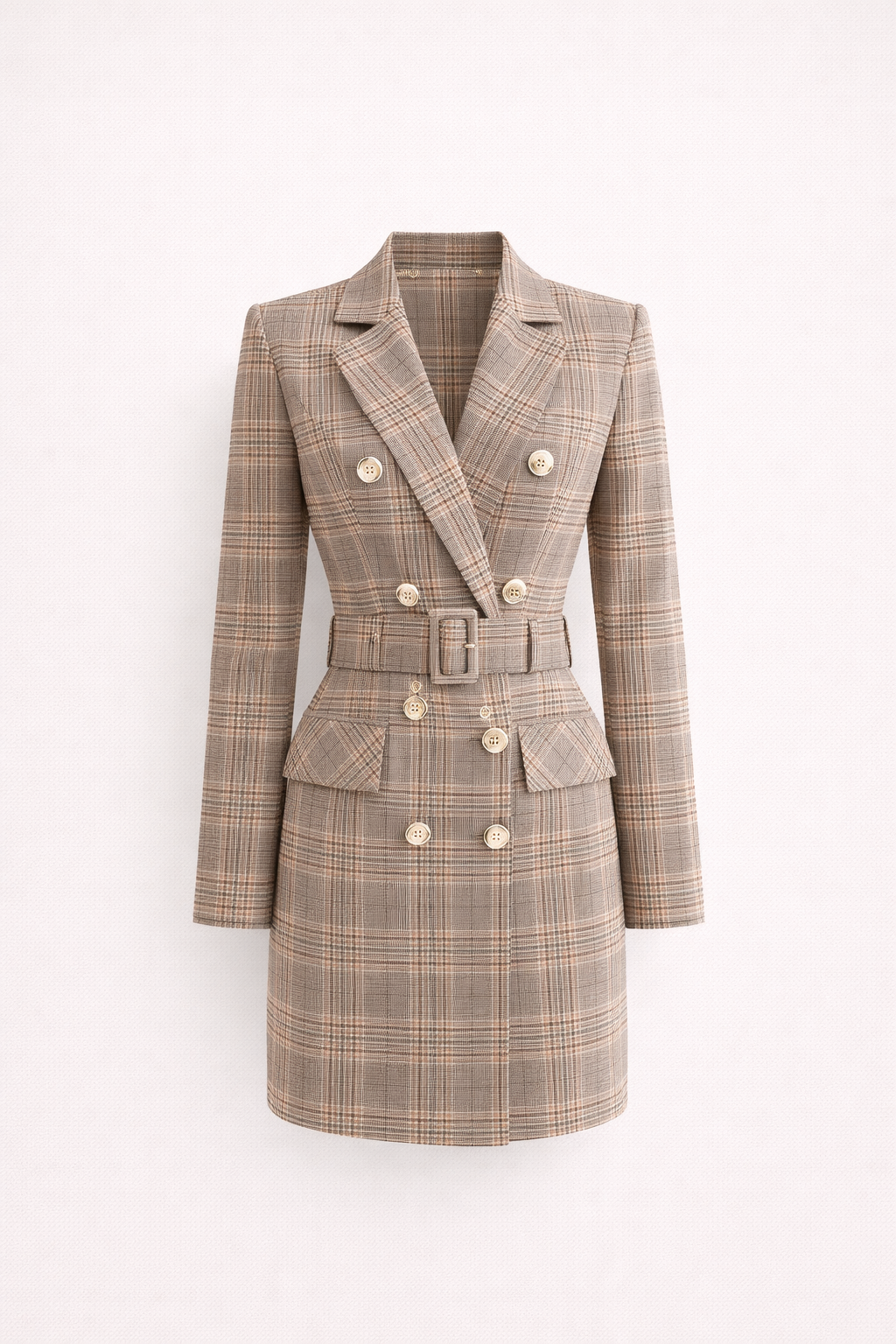 Robe Blazer à Carreaux avec Double Boutonnage et Ceinture pour Femme