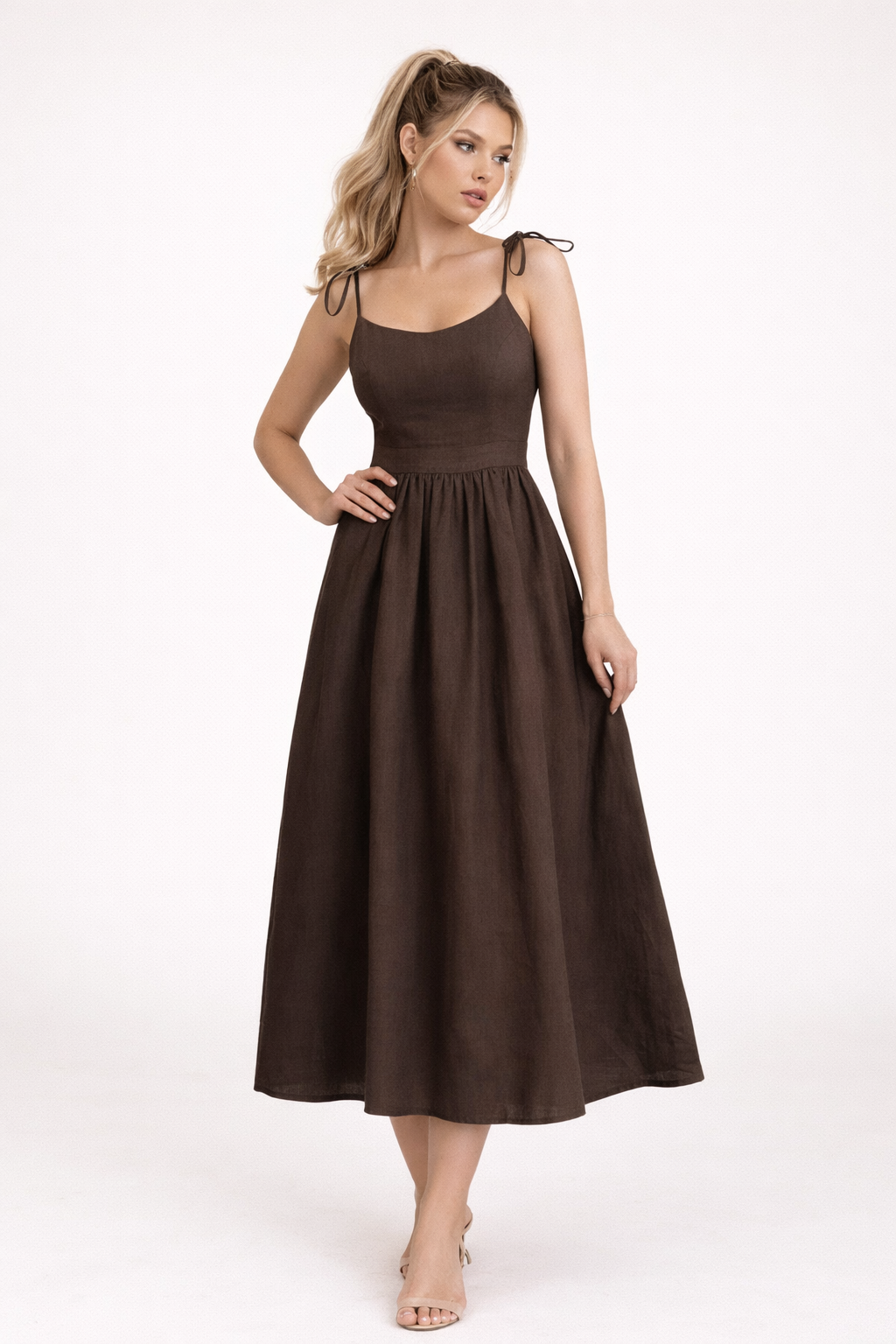 Robe Longue Trapèze à Bretelles avec Poches et Dos Nu en Fibre Naturelle pour Femme