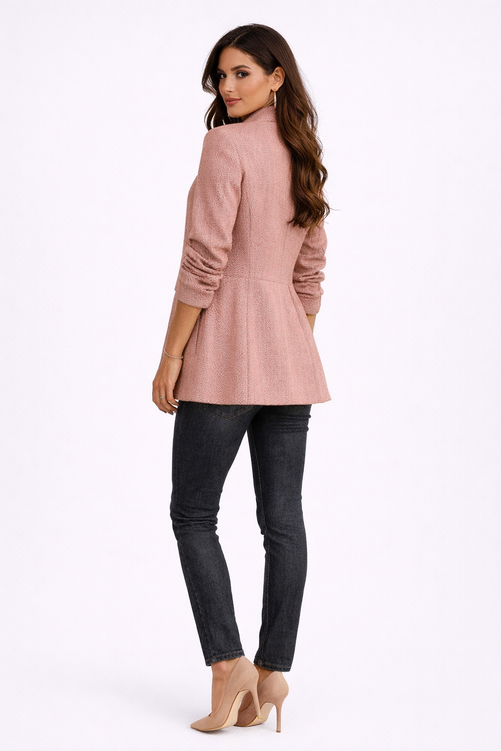 Blazer Long Ajusté à Motif Chevrons avec Col Officier et Coupe Évasée Femme