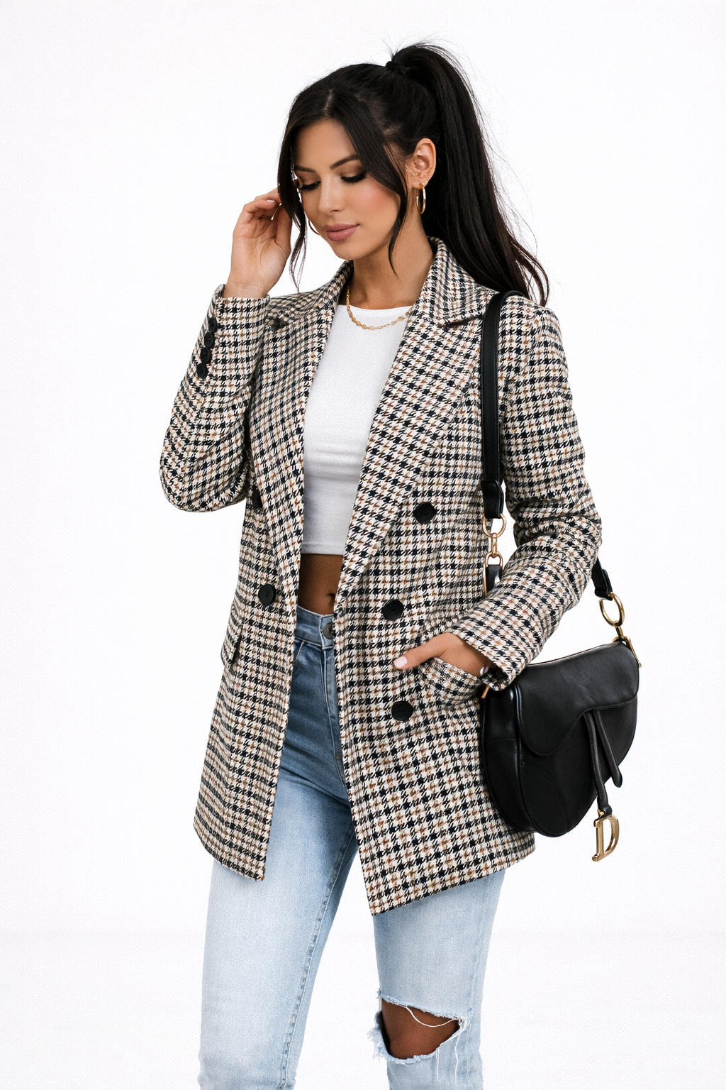 Blazer Cintrée à Motif Pied-de-Poule avec Fermeture Croisée et Revers Classique