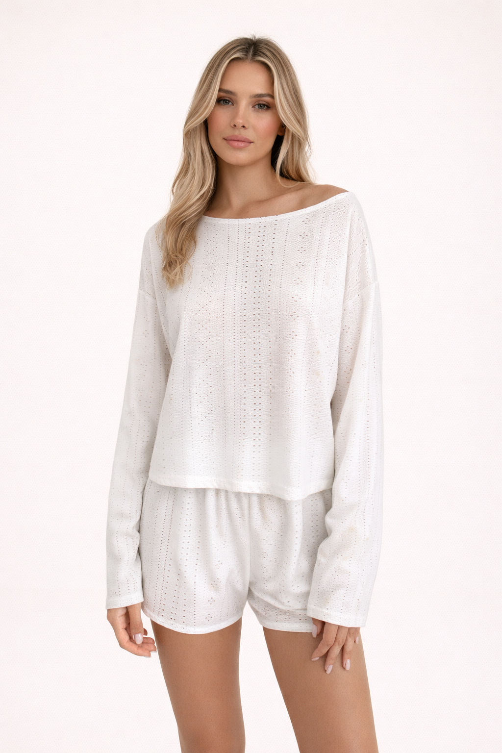 Ensemble Pyjama 2 Pièces à Manches Longues et Short avec Taille Élastique pour Femme