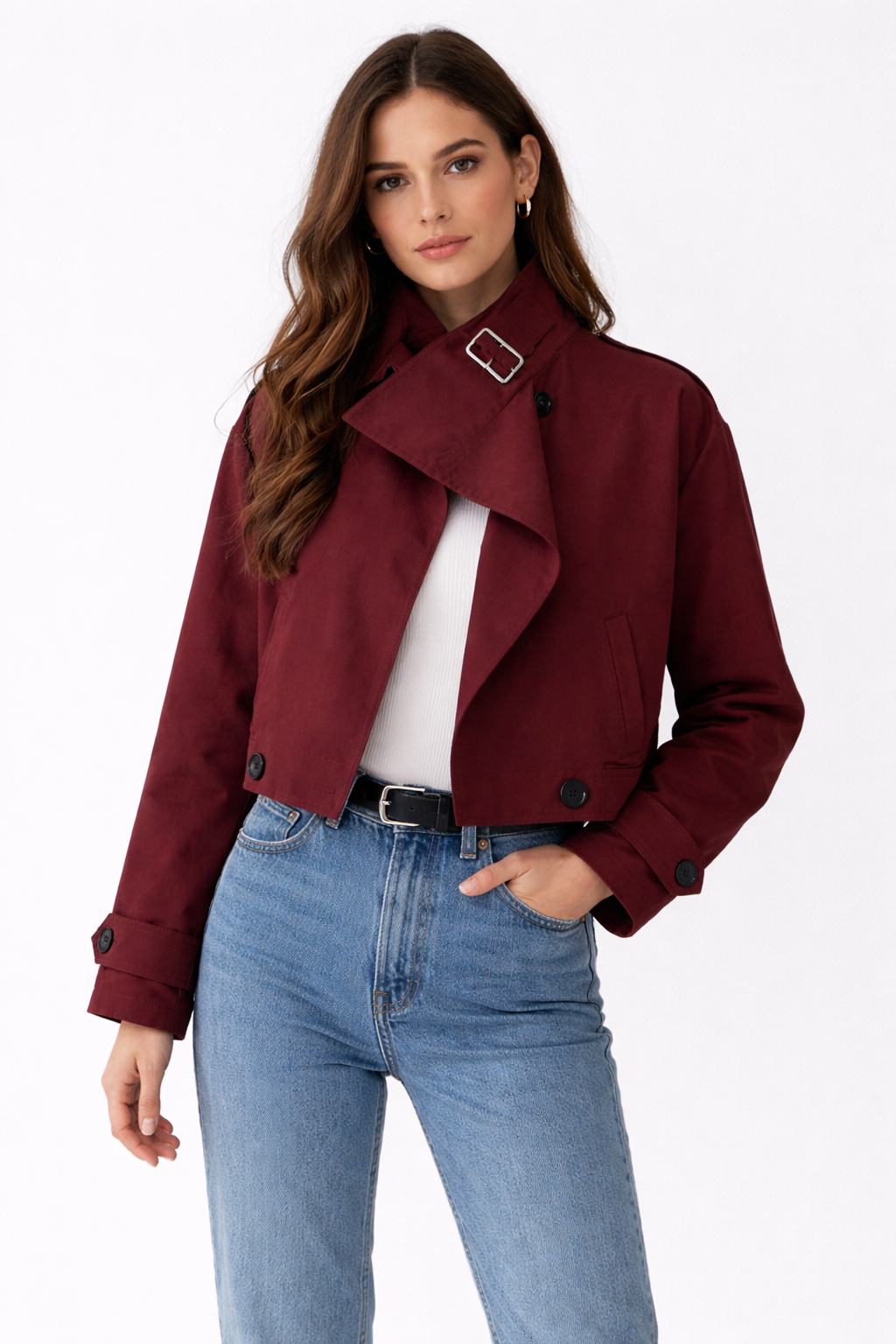 Veste Utilitaire Courte avec Boutonnage Frontal et Col Chemise pour Femme