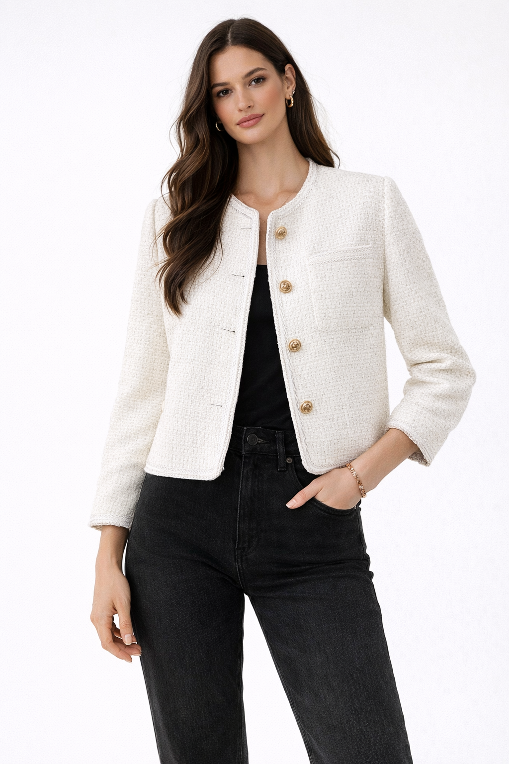 Short Tweed-Style Jacket with Gold Buttons and Round Neckline for Women