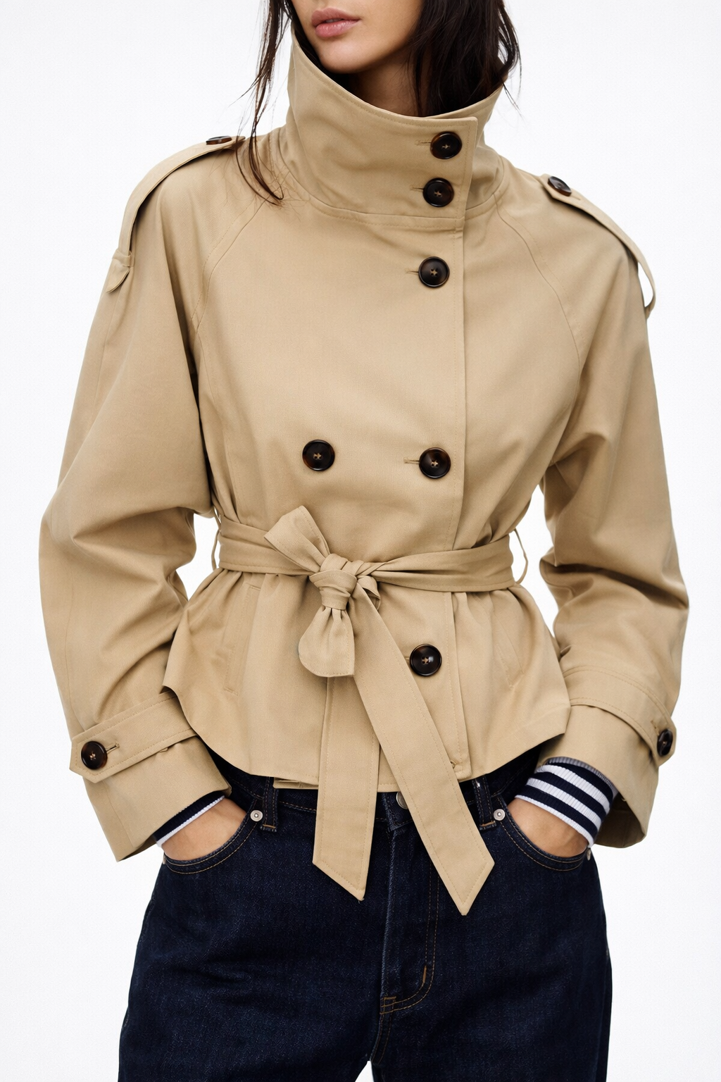 Dame trenchcoat urban dobbeltradet med bælte, elegant struktureret stil, smart
