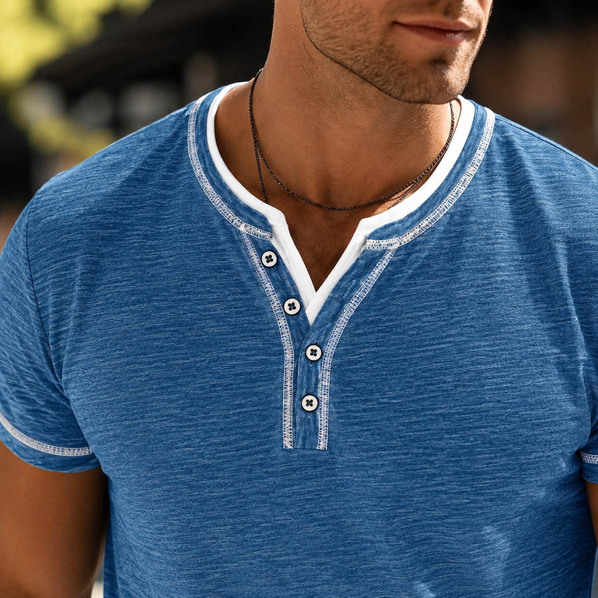 Tricou bărbați Henley din bumbac, croială confortabilă