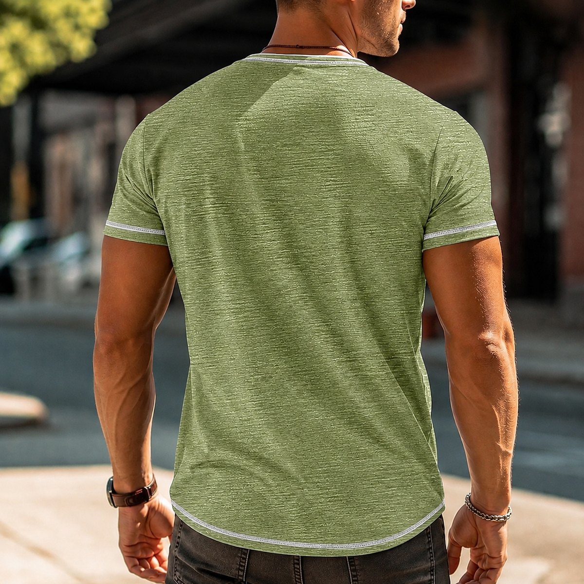 Tricou bărbați Henley din bumbac, croială confortabilă