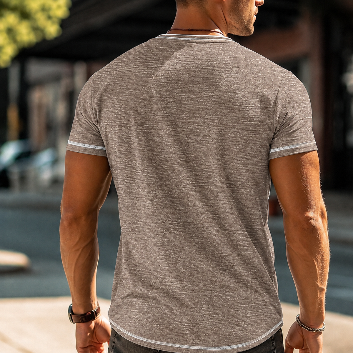 Tricou bărbați Henley din bumbac, croială confortabilă