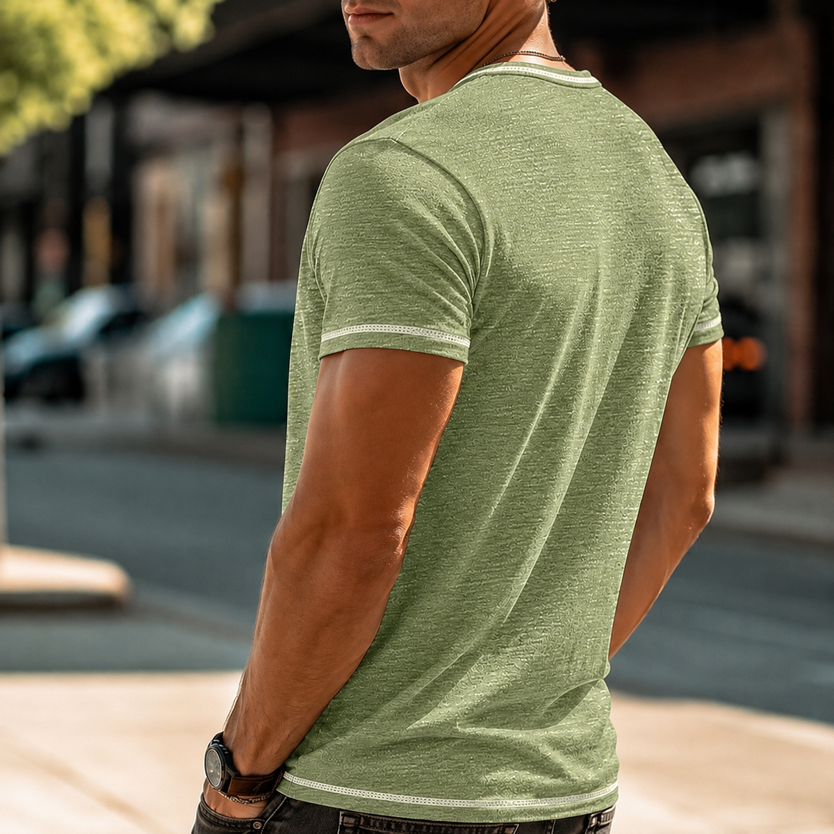 Tricou bărbați Henley din bumbac, croială confortabilă