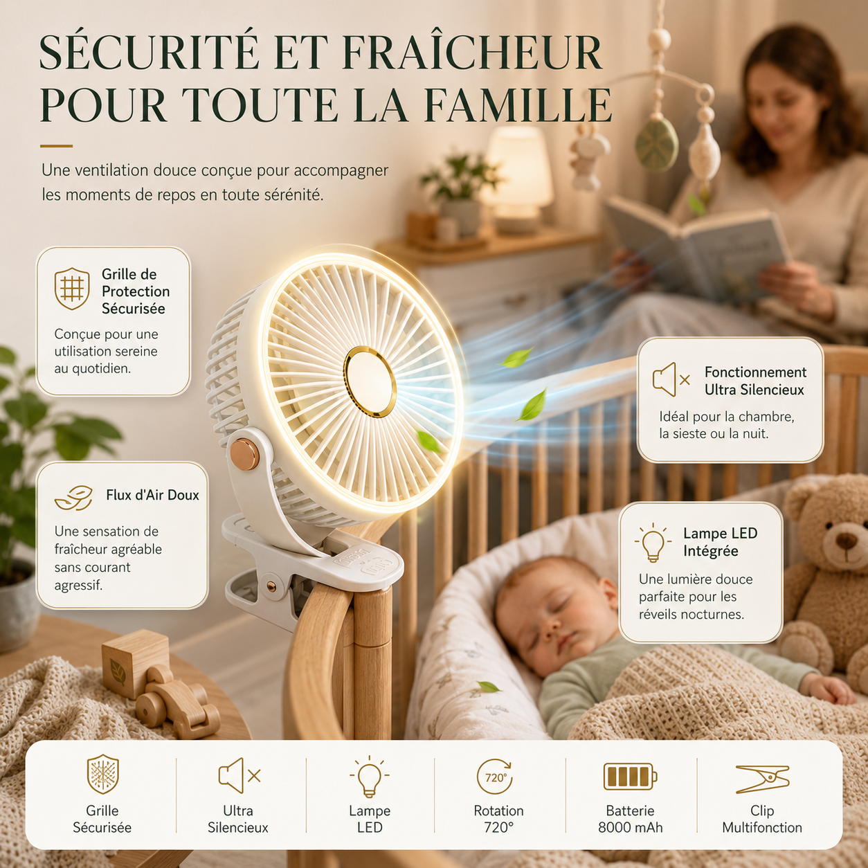 Genopladelig bærbar ventilator med clips 8000 mAh med LED