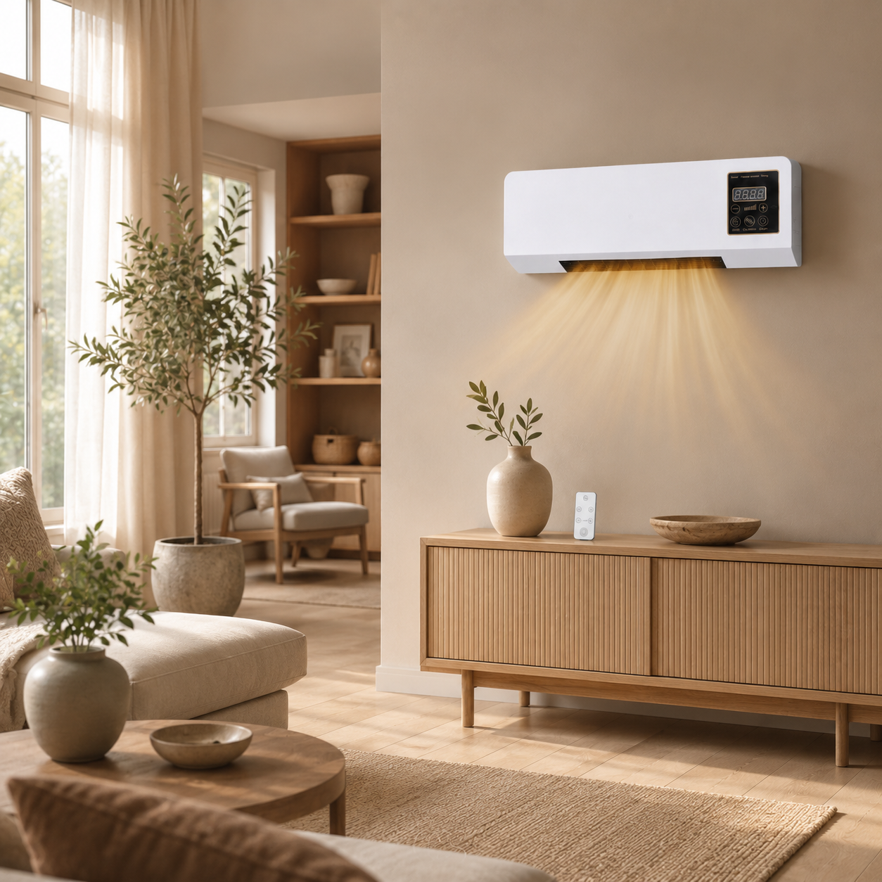 Væghængt Varmluftblæser med Ventilation, Fjernbetjening og LED-Display