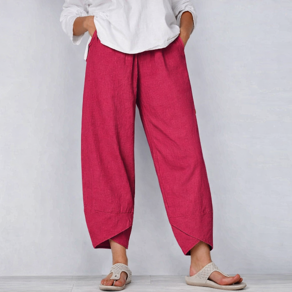 Pantalon Large en Coton et Lin à Taille Élastique et Ourlet Croisé pour Femme