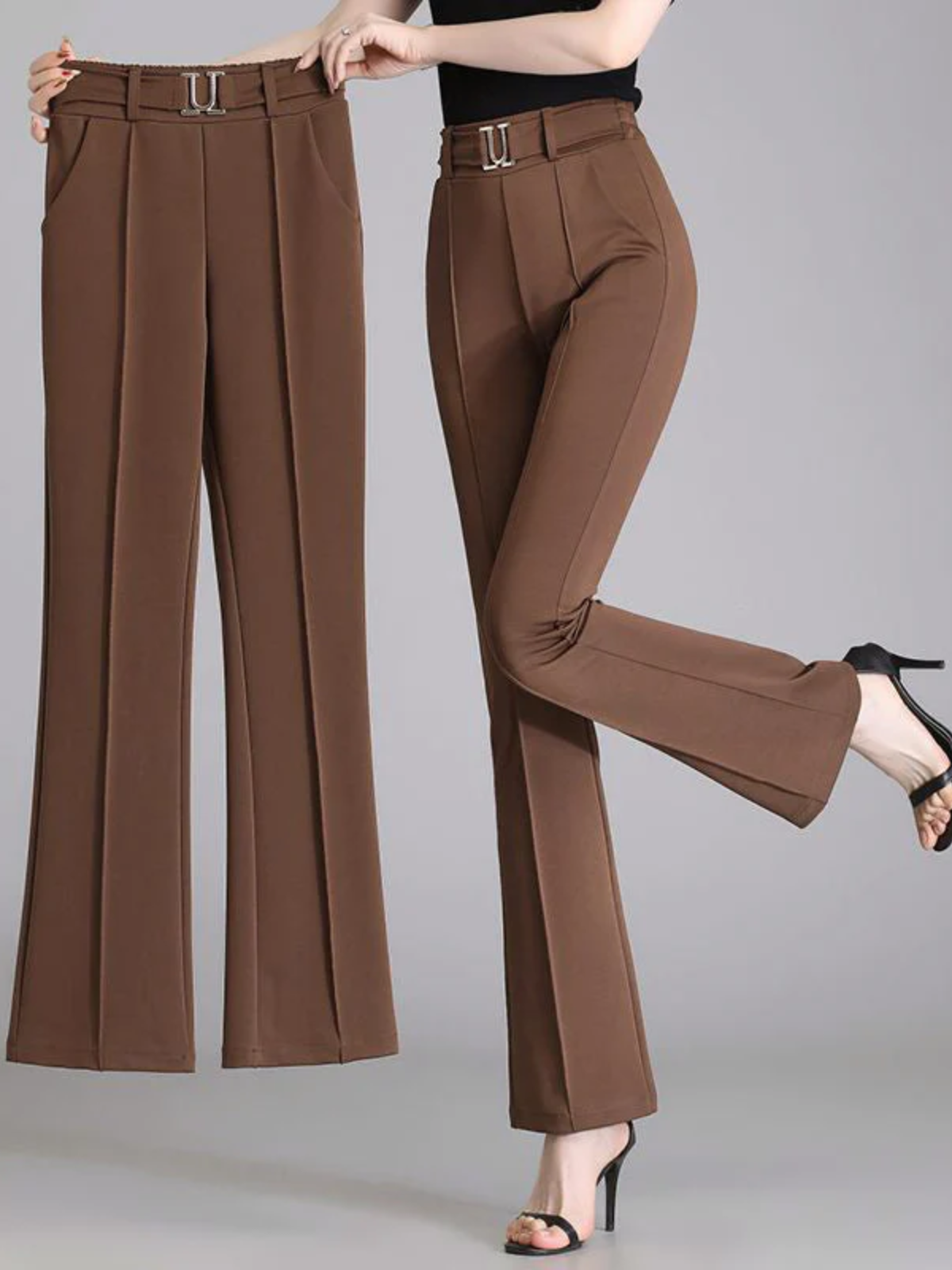 Pantalon large taille haute pour femme avec ceinture élastique et plis frontaux