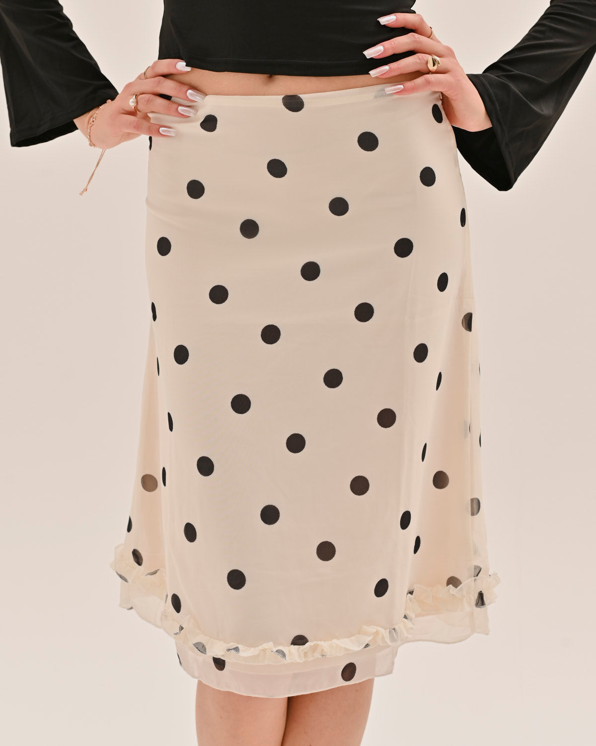 Jupe Midi Transparente en Mesh à Pois avec Ourlet à Volants pour Femme