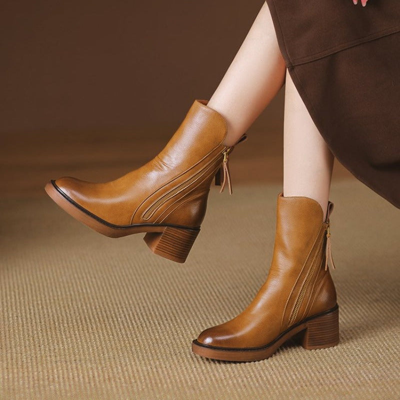 Botinas femininas de salto para a noite, couro, zíper metálico, sola antiderrapante, conforto