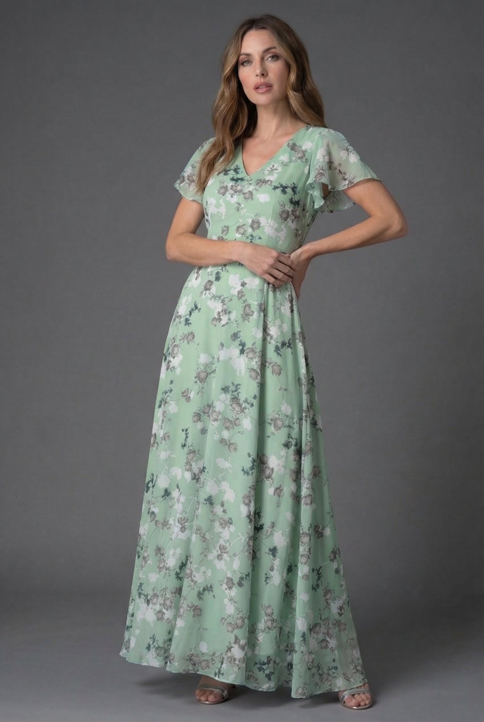 Rochie de cocktail pentru invitați la nuntă, imprimată, cu mâneci evazate și fustă cloș