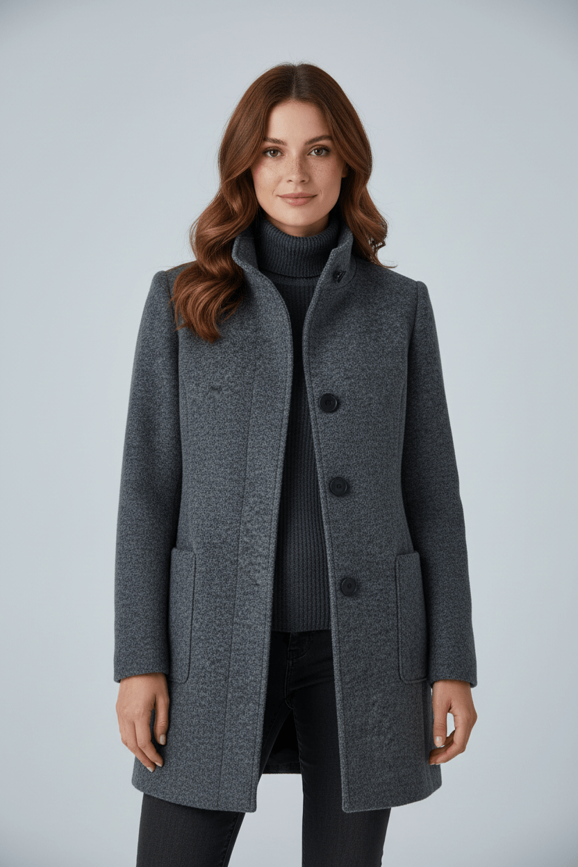 Donna cappotto da ufficio in misto lana, taglio aderente, caldo, elegante, senza tempo