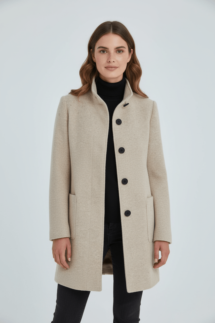 Donna cappotto da ufficio in misto lana, taglio aderente, caldo, elegante, senza tempo
